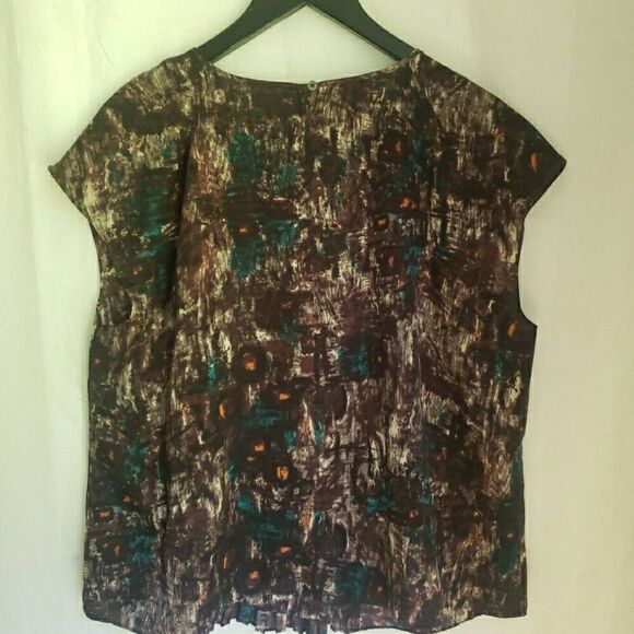 Talbots Blouse Brown Short Sleeve Pleated Boho Abstract Shirt Women Petites 16 - Picture 5 of 10